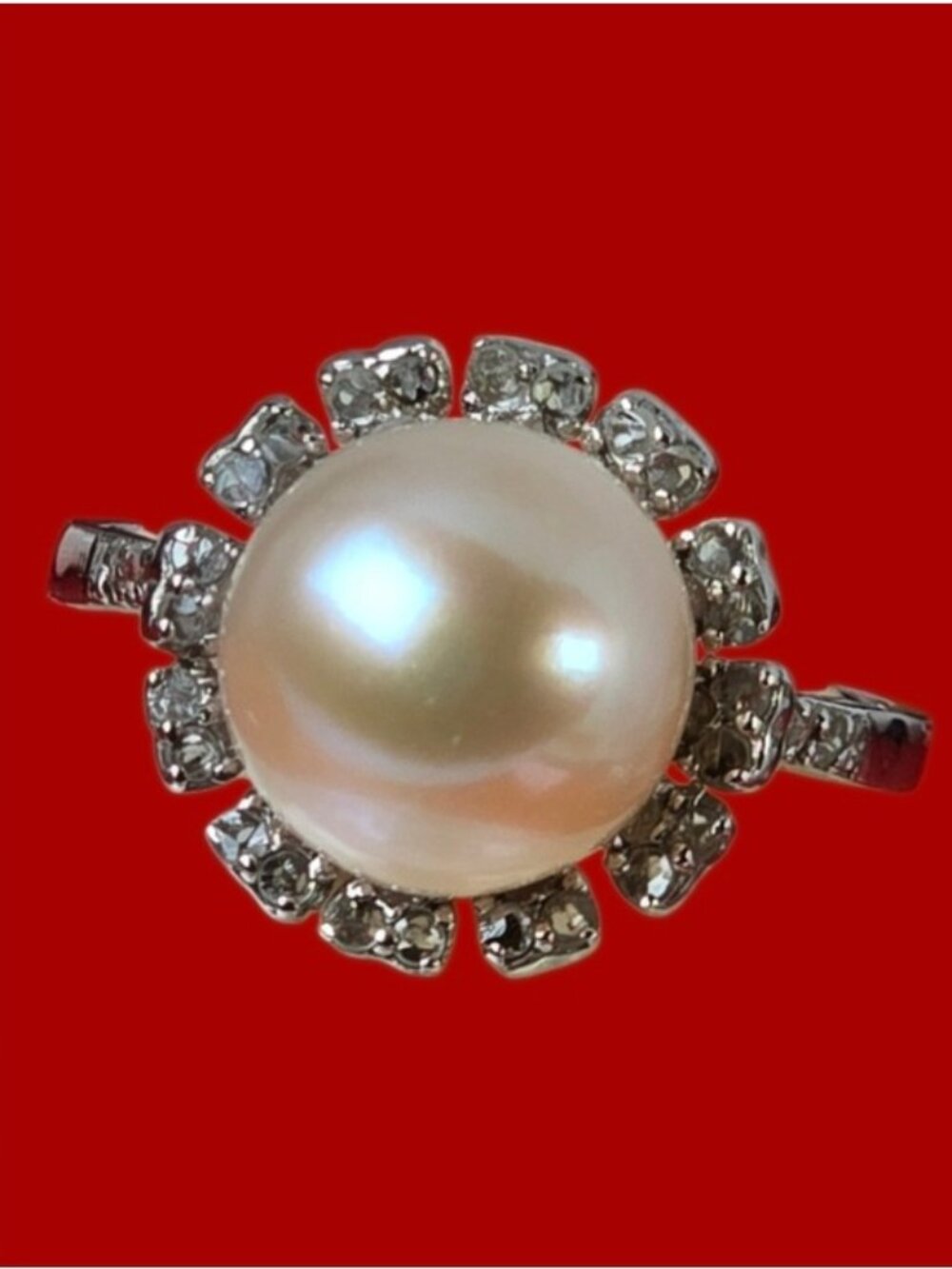 925 Sterling Silver Ring Sz 7 with Natural Freshwater Pearl & Natural Diamonds
